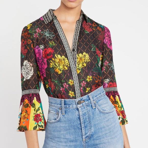 Alice + Olivia Rivera Ruffle-Sleeve Button-Down Top Small - Picture 2 of 8